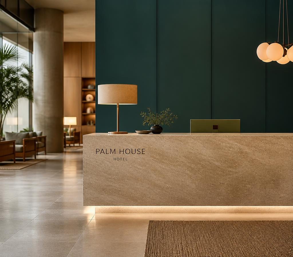 Hotel reception area in warm sand and deep teal tones.