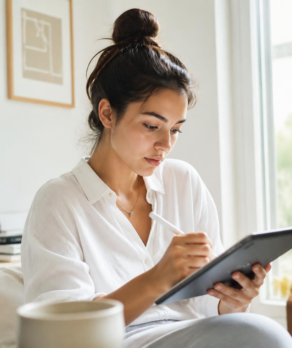 A candidate concentrating on a tablet assessment in bright daylight.