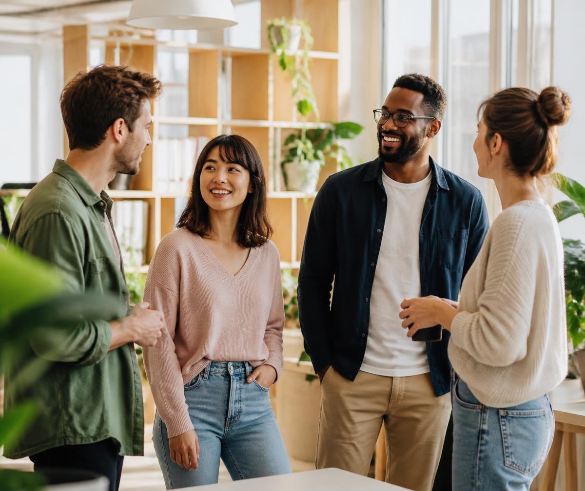 A diverse young team talking together in a bright modern office.